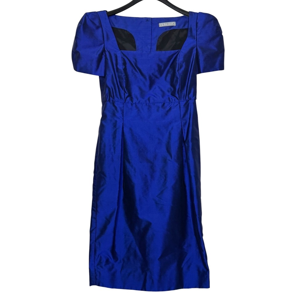 Josie Jewett Vintage Royal Blue Shantung Cocktail Dress Puff Sleeve Midi Formal
